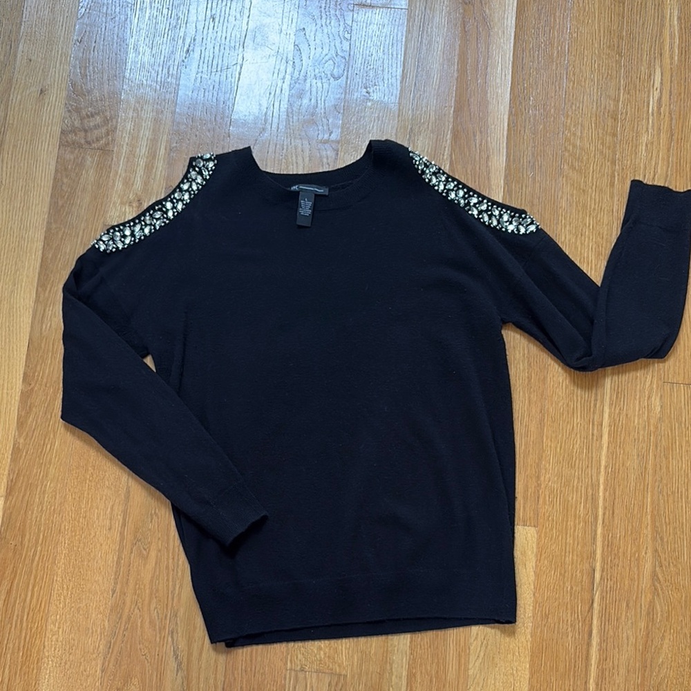 INC International Concepts Black Sweater with Embellished  Cold Shoulders